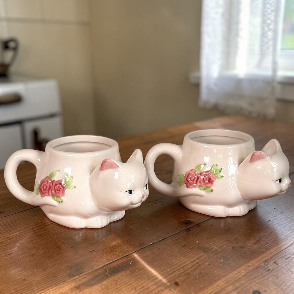 Vintage 90s Cat Shaped Mugs 2 Floral Tea Cup Kitsch Country Cottage Granny Chic